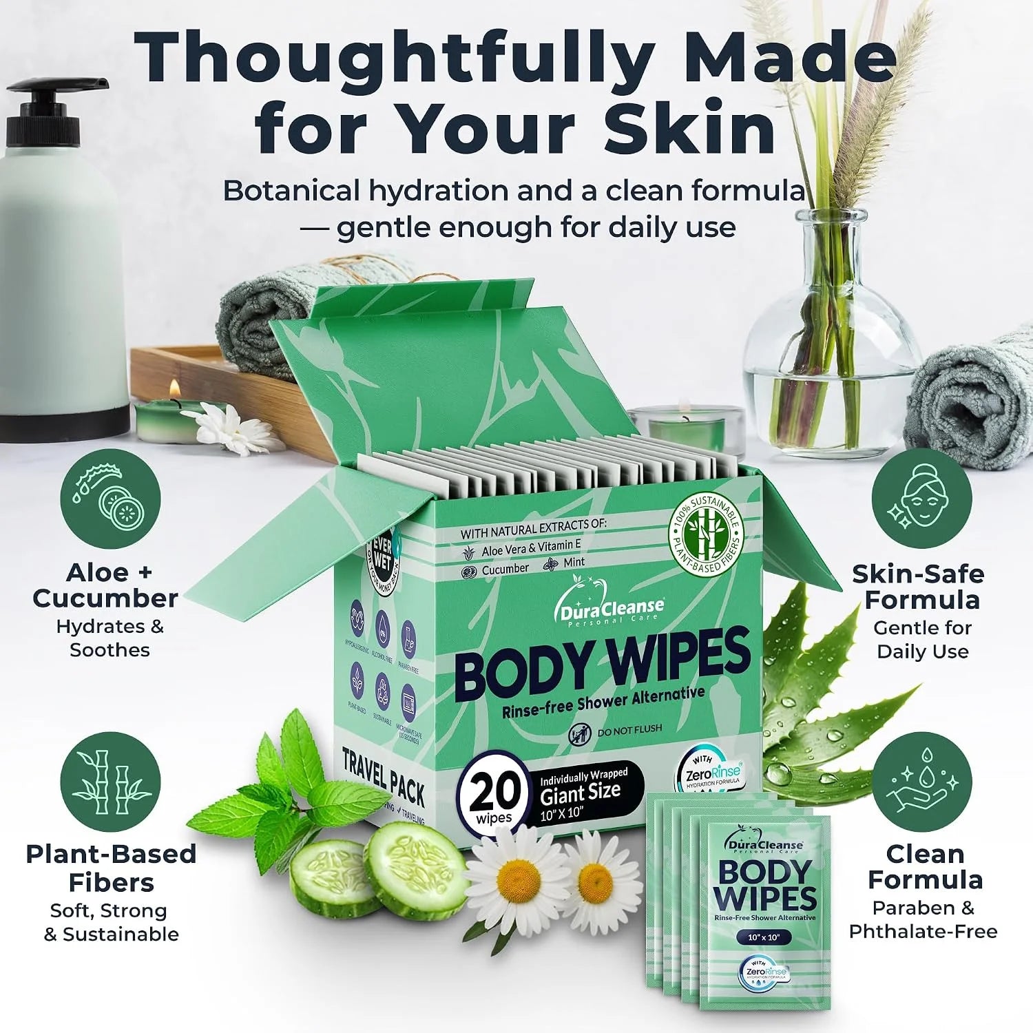 XL Travel Body Wipes for Women - 10"x10" Rinse-Free Bathing Wipes - 20ct