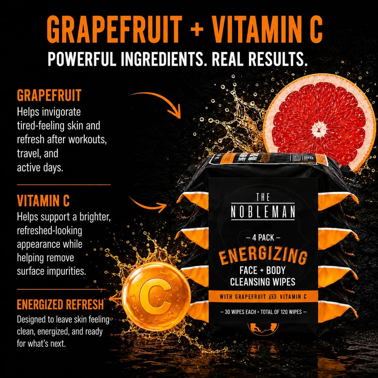 The Nobleman Energizing Grapefruit & Vitamin C Face + Body Cleansing Wipes
