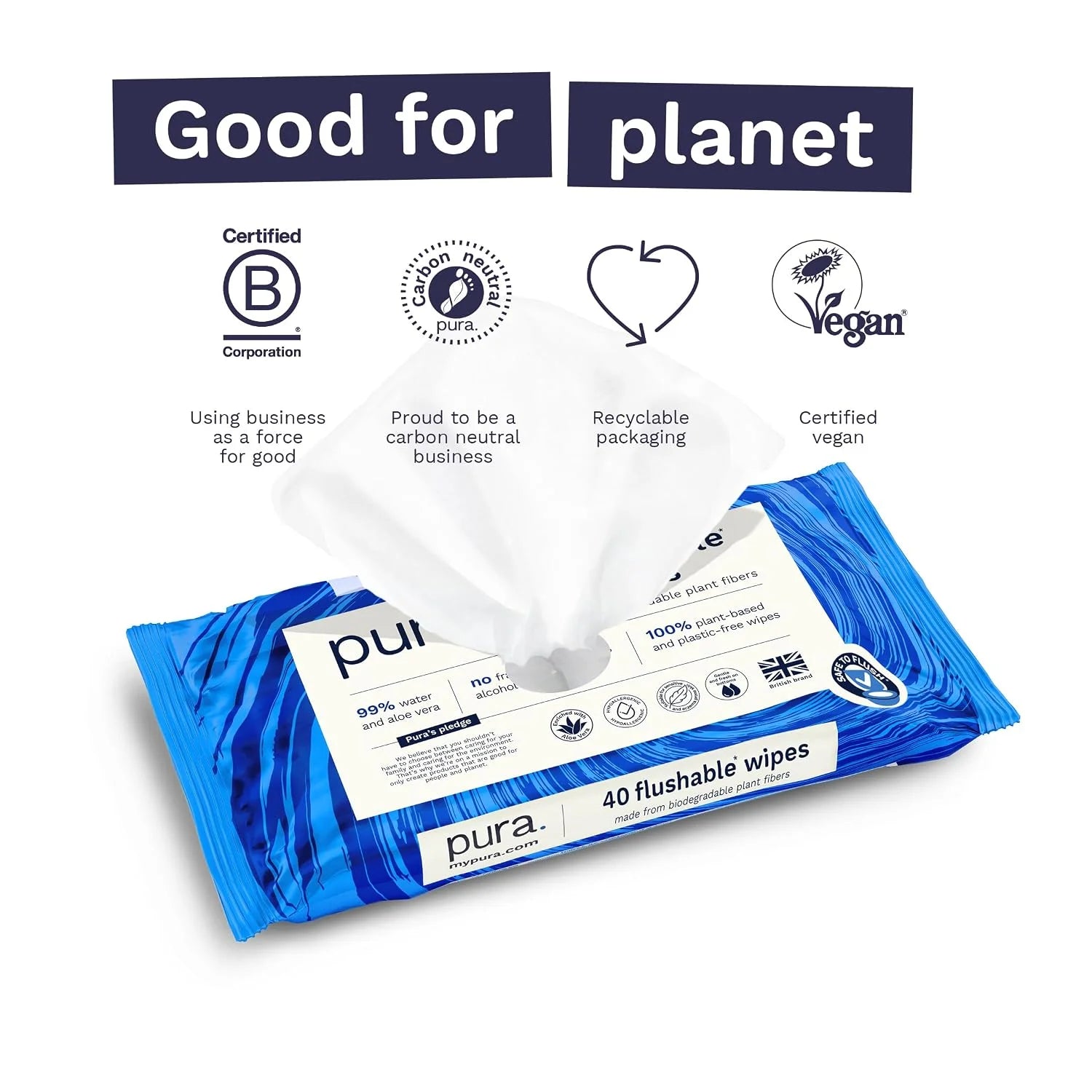 Pura Flushable Adult Wipes XL 40 Count with Aloe Vera Sensitive Skin