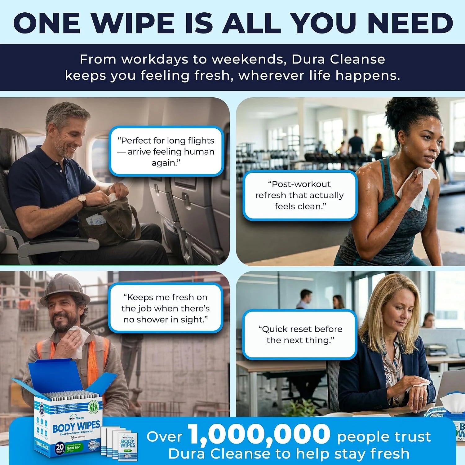 XL Travel Body Wipes - No Rinse Bath Wipes for Adults, Extra Moist - 20 Ct