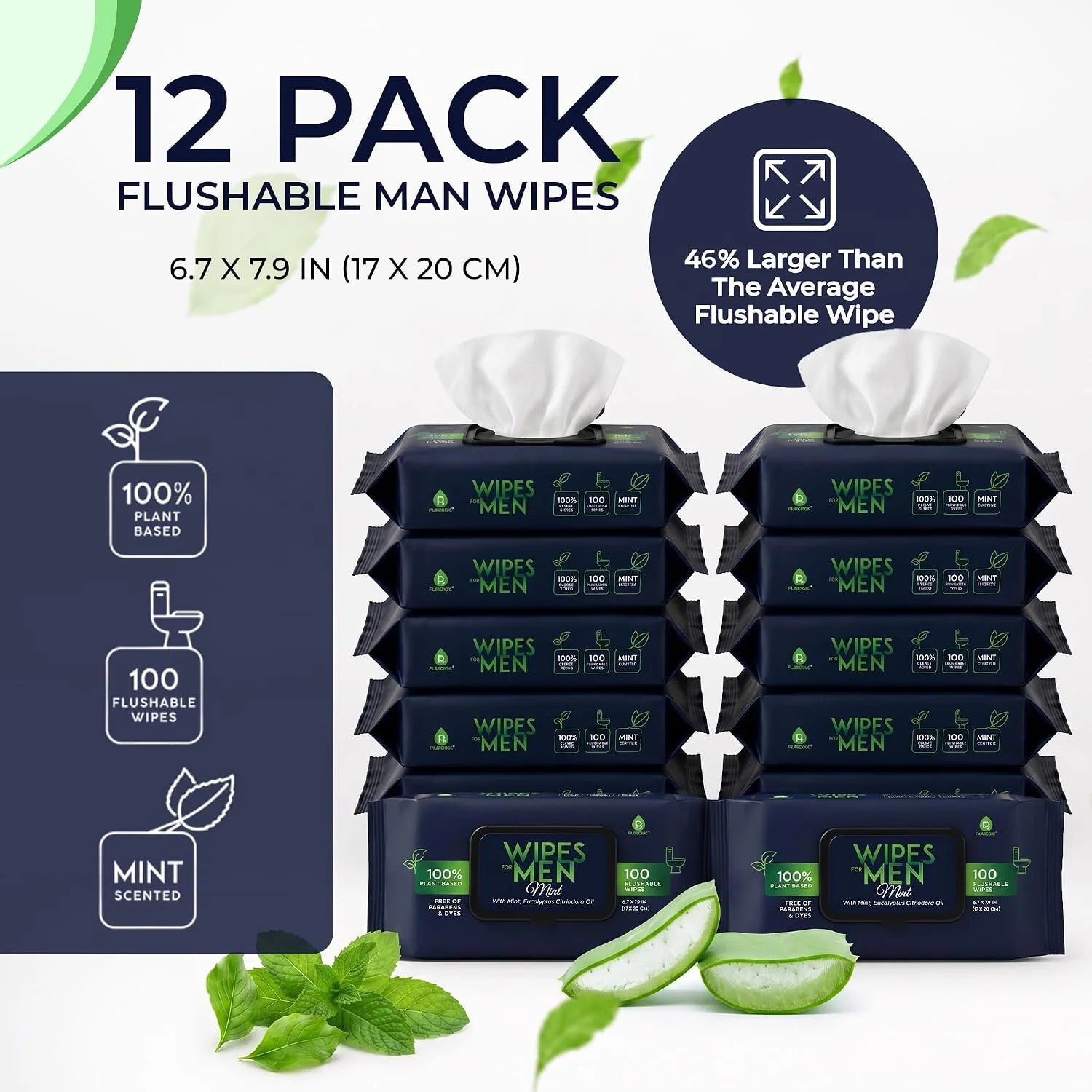 Pursonic Wipes for Men with Scented Soft Mint, Aloe Vera & Vitamin E - Flushable Plant-Based & Alcohol-Free Body & Toilet Wipes for Travel, Gym & Bathroom Use - Extra Large Resealable Pack - 1200 Pcs