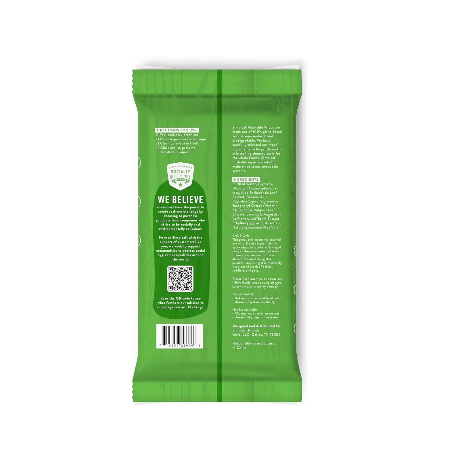 Simpleaf Flushable Wet Wipes | Eco- Friendly, Paraben & Alcohol Free | Hypoallergenic & Safe for Sensitive Skin | Soothing Aloe Vera & Vitamin E Formula | (50-Count) 1 Pack