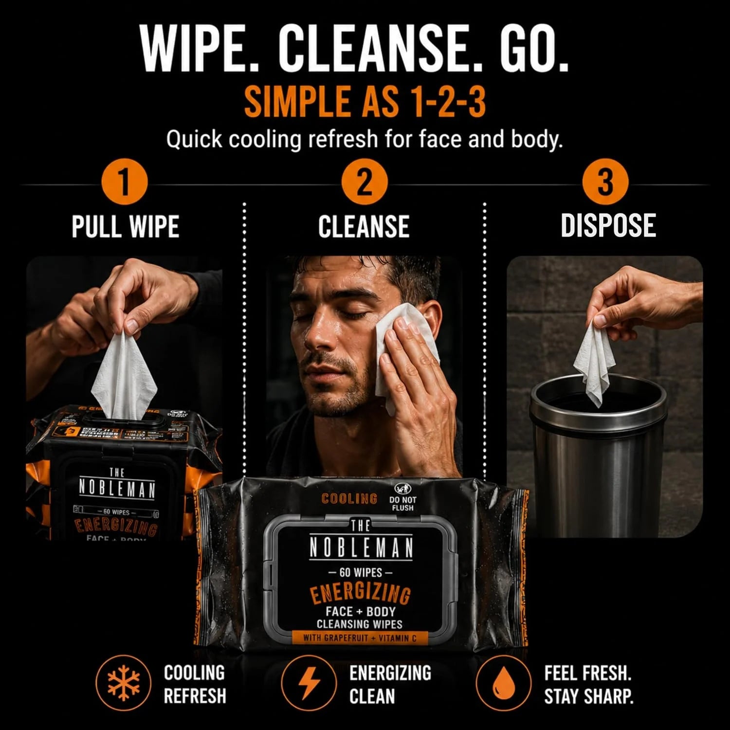 The Nobleman Energizing Face & Body Cleansing Wipes  C Cooling Grapefruit & Vitamin C Cleansing Cloths for Men, Post Workout Sweat Removal, Gym Travel Hygiene & Refreshing Skin Care, 60 Ct