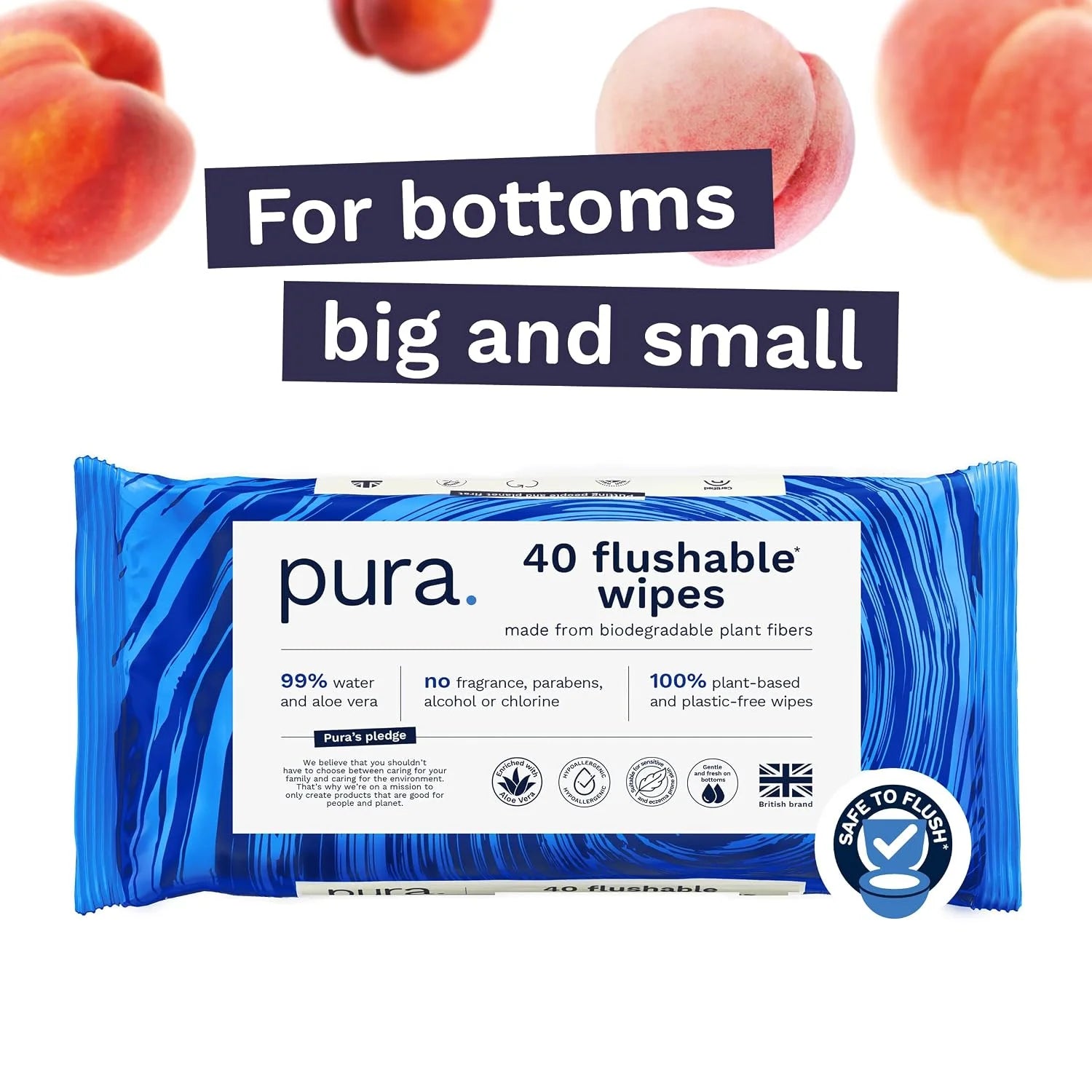 Pura Flushable Adult Wipes XL 80 Count with Aloe Vera Sensitive Skin