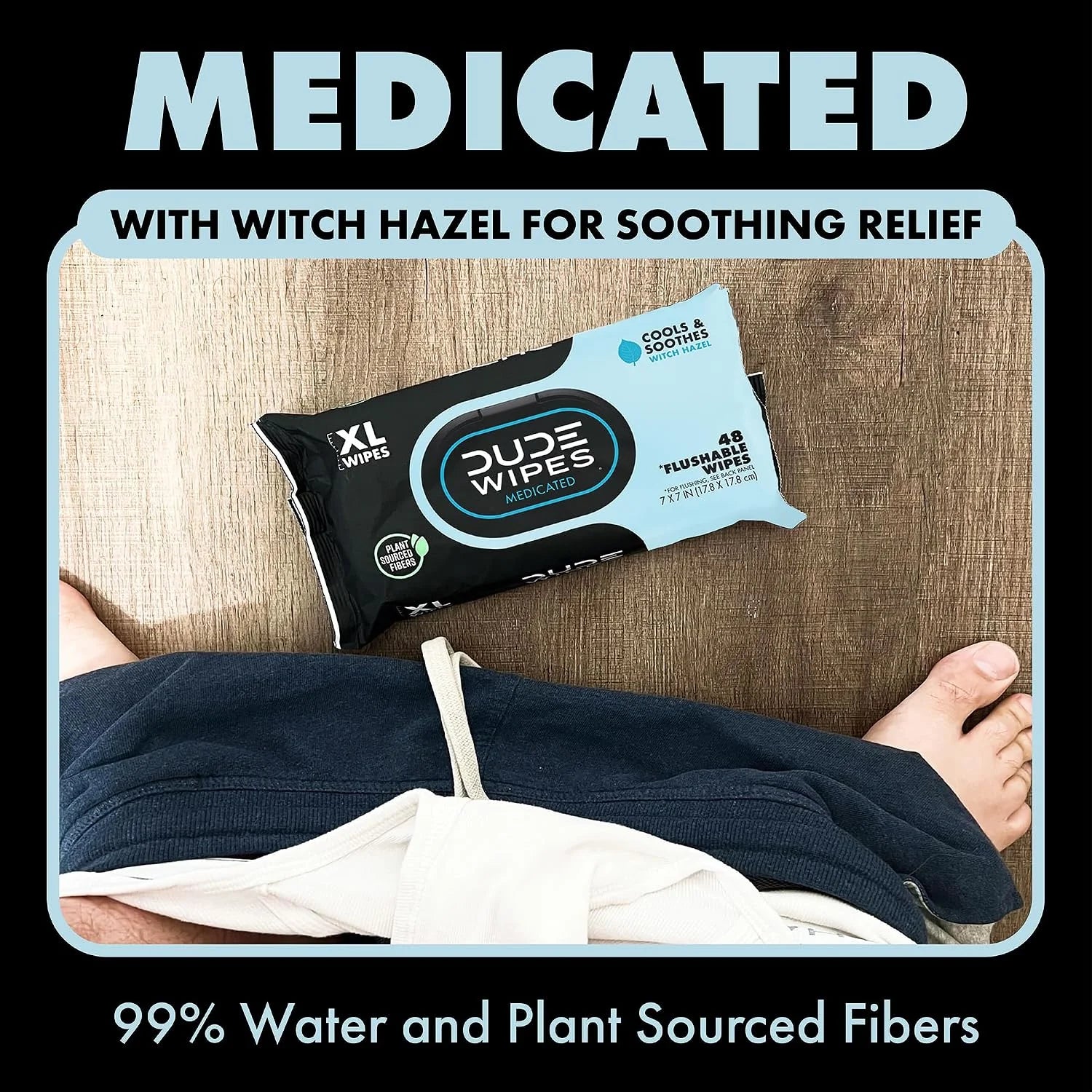 DUDE Wipes Medicated Hemorrhoid Flushable Wipes, Witch Hazel, 48 Count