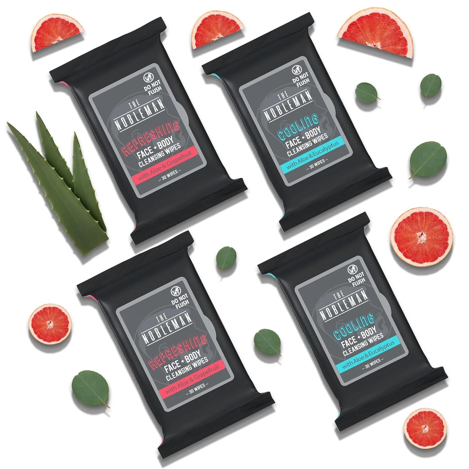 The Nobleman Cooling Face + Body Cleansing Wipes (120 Wipes) - 2 Packs Aloe & Eucalyptus + 2 Packs of Aloe & Grapefruit  C Refreshing, Soothing, Non-Greasy, Skin Revitalizer