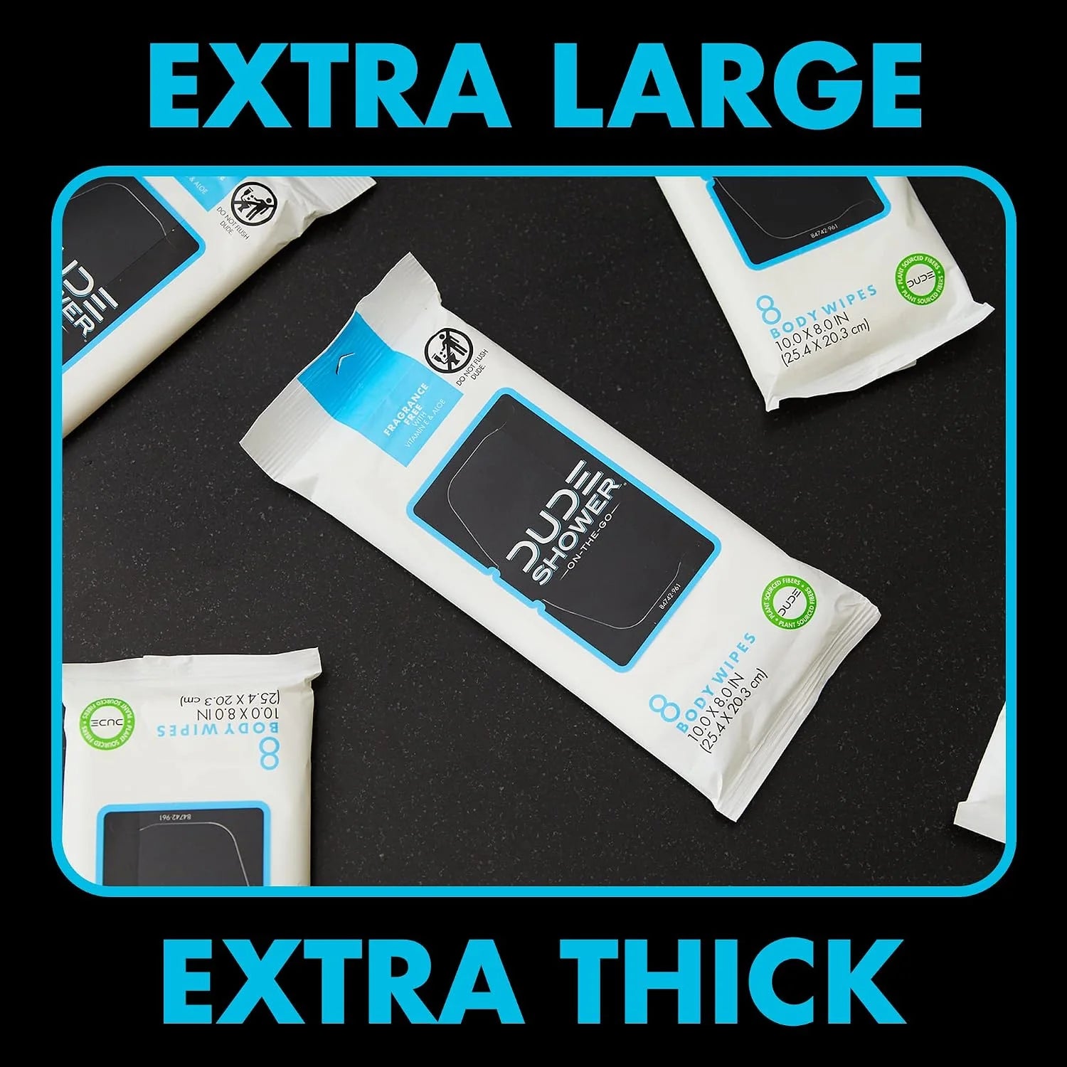 DUDE Wipes On-The-Go No Rinse Shower Body Wipes, Fragrance Free, 8 Count