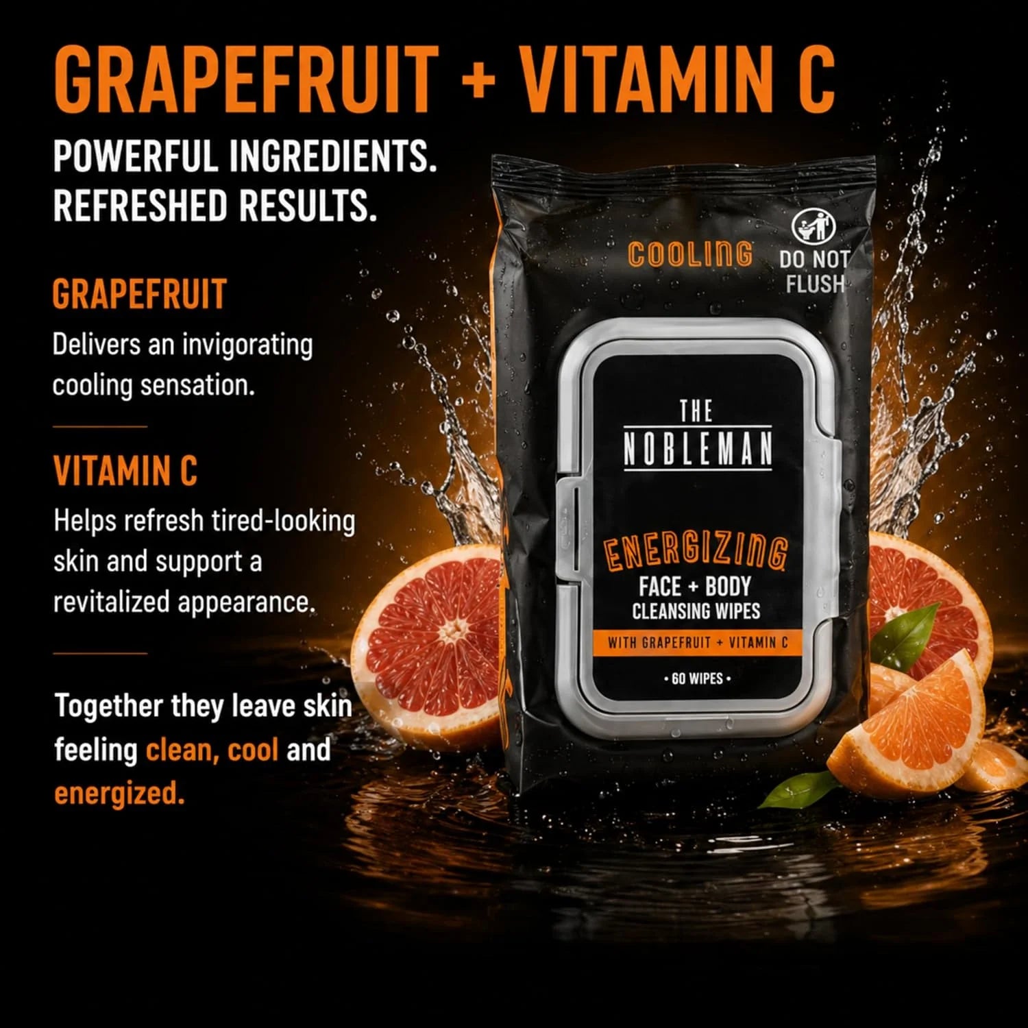 The Nobleman Energizing Face & Body Cleansing Wipes  C Cooling Grapefruit & Vitamin C Cleansing Cloths for Men, Post Workout Sweat Removal, Gym Travel Hygiene & Refreshing Skin Care, 60 Ct