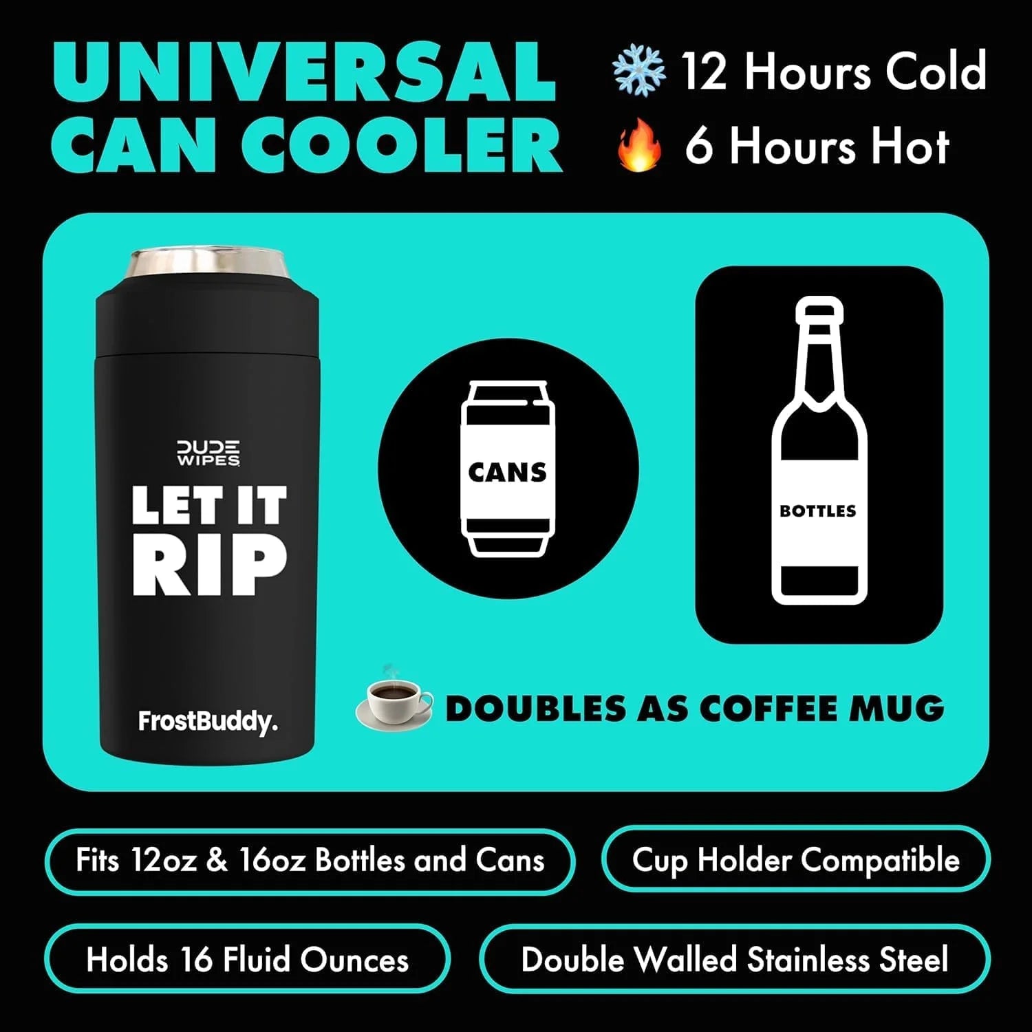 DUDE Wipes Fathers Day Gift + FrostBuddy Universal Can Cooler - 1 Pack, 48 Count - Mint Chill Extra-Large - Flushable Wipes - Fathers Day Gift for Him