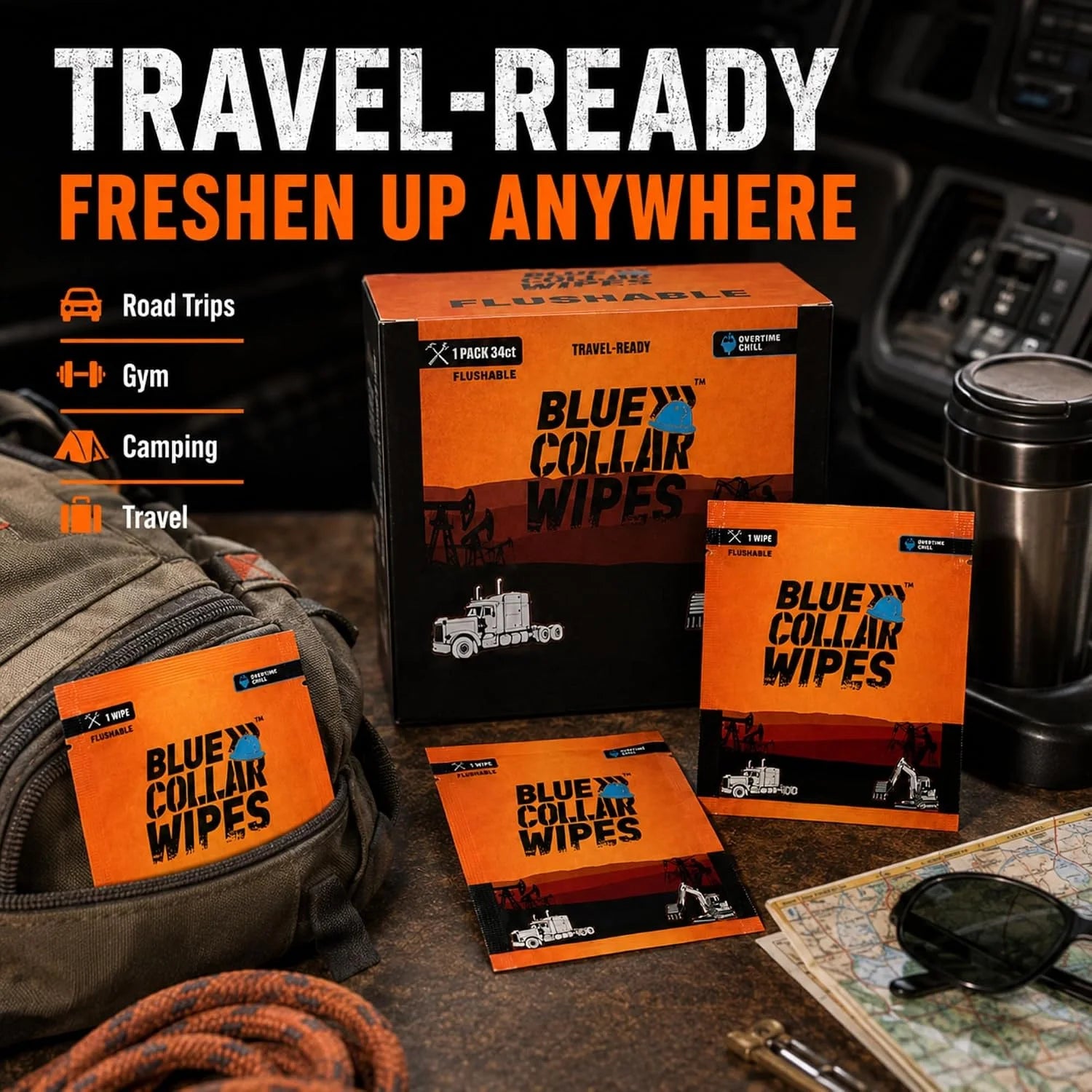 XL Individually Wrapped Travel-Ready Adult Wet Wipes - Overtime Chill Scent - Septic & Sewer Safe - Biodegradable - On-the-Go Cleaning (1 Pack of 34)