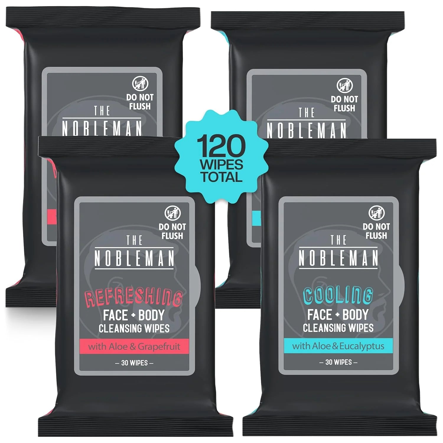 The Nobleman Cooling Face + Body Cleansing Wipes (120 Wipes) - 2 Packs Aloe & Eucalyptus + 2 Packs of Aloe & Grapefruit  C Refreshing, Soothing, Non-Greasy, Skin Revitalizer