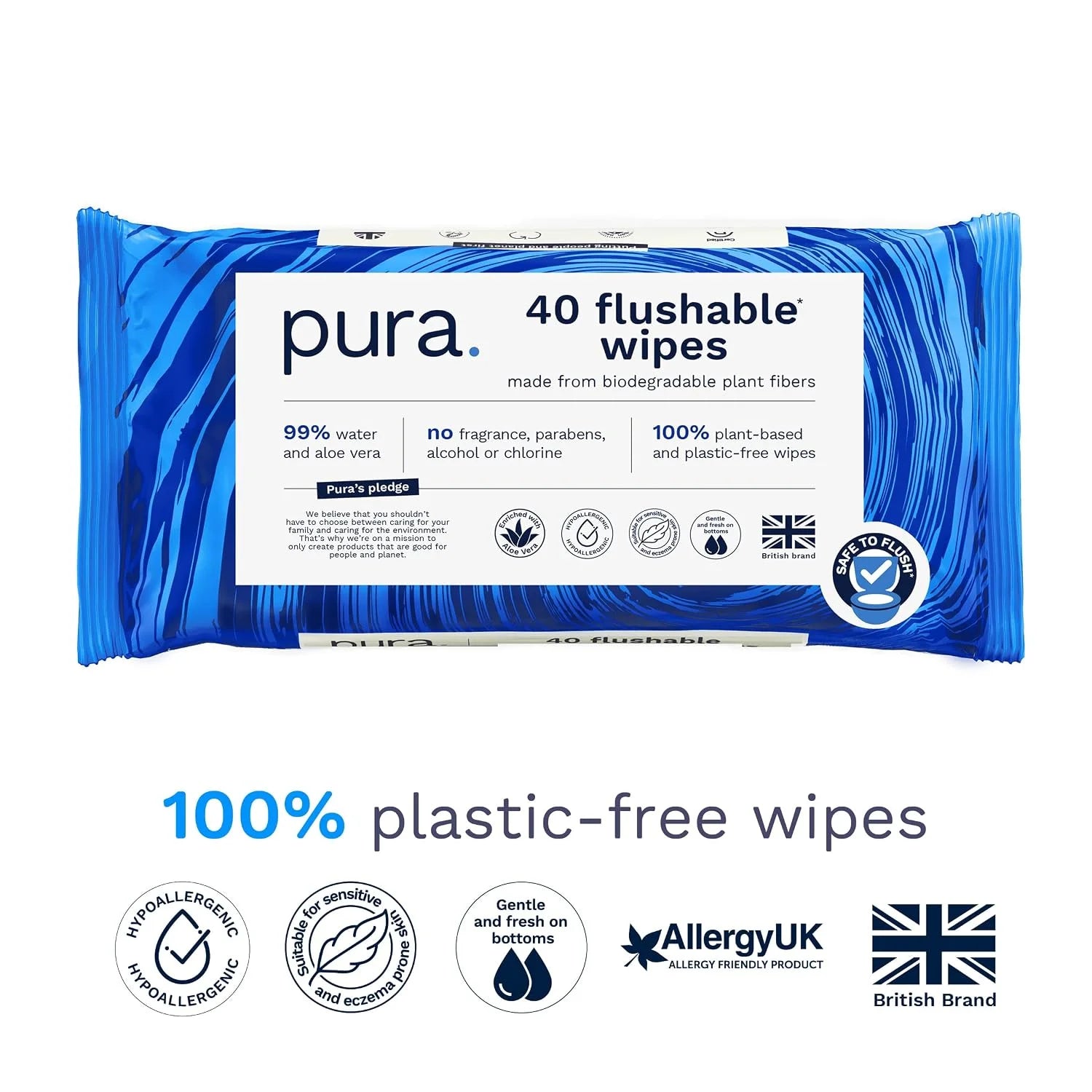 Pura XL Flushable Adult Wipes Unscented Extra Large Wet Wipes with Aloe Vera & 99% Water, Sensitive Skin, 4 Pack of 40 (160 Wipes), Personal Hygiene Toilet