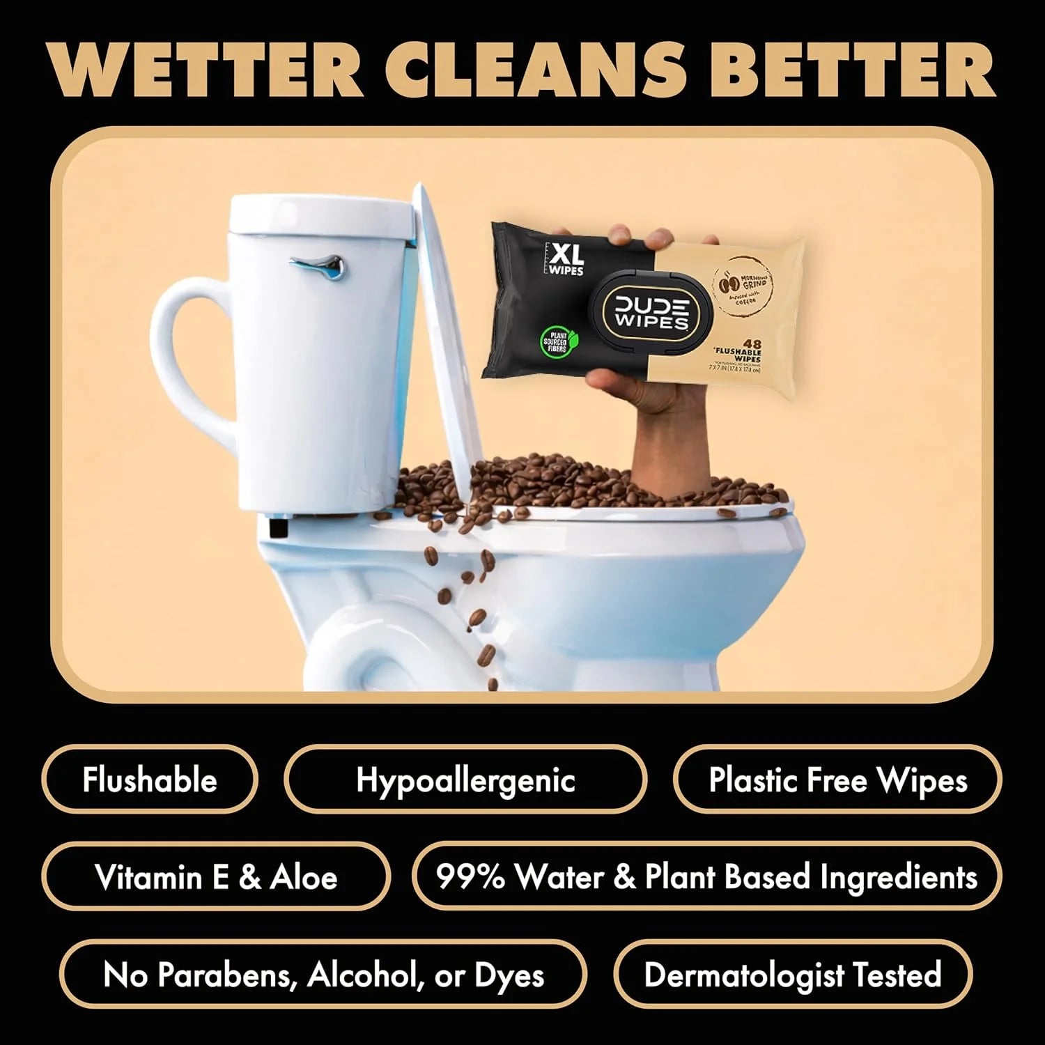 DUDE Wipes Morning Grind Adult Flushable Wipes, Coffee Scented, 144 Count