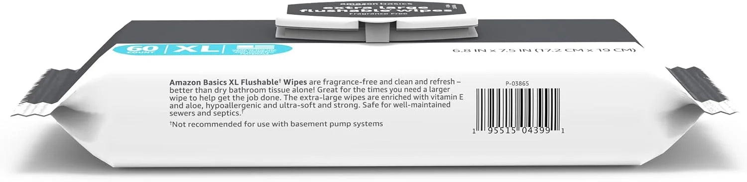 Amazon Basics Extra Large Flushable Wipes, Fragrance Free, pH Balanced, with Vitamin E & Aloe, 60 Count, 3-Pack