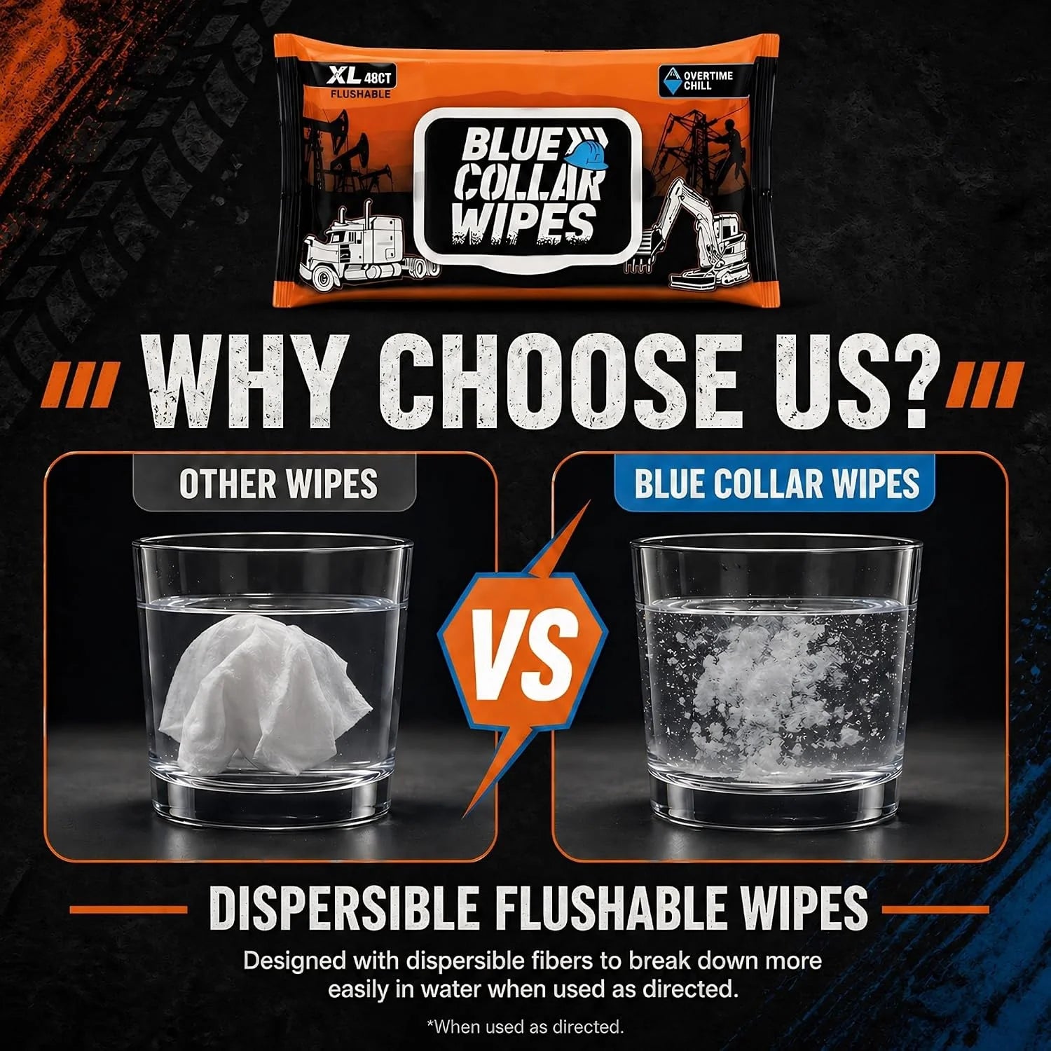 XL Flushable Adult Wet Wipes - Biodegradable, Sewer & Septic Safe - Overtime Chill Scent - 288 Total Wipes (6 Resealable Packs of 48)