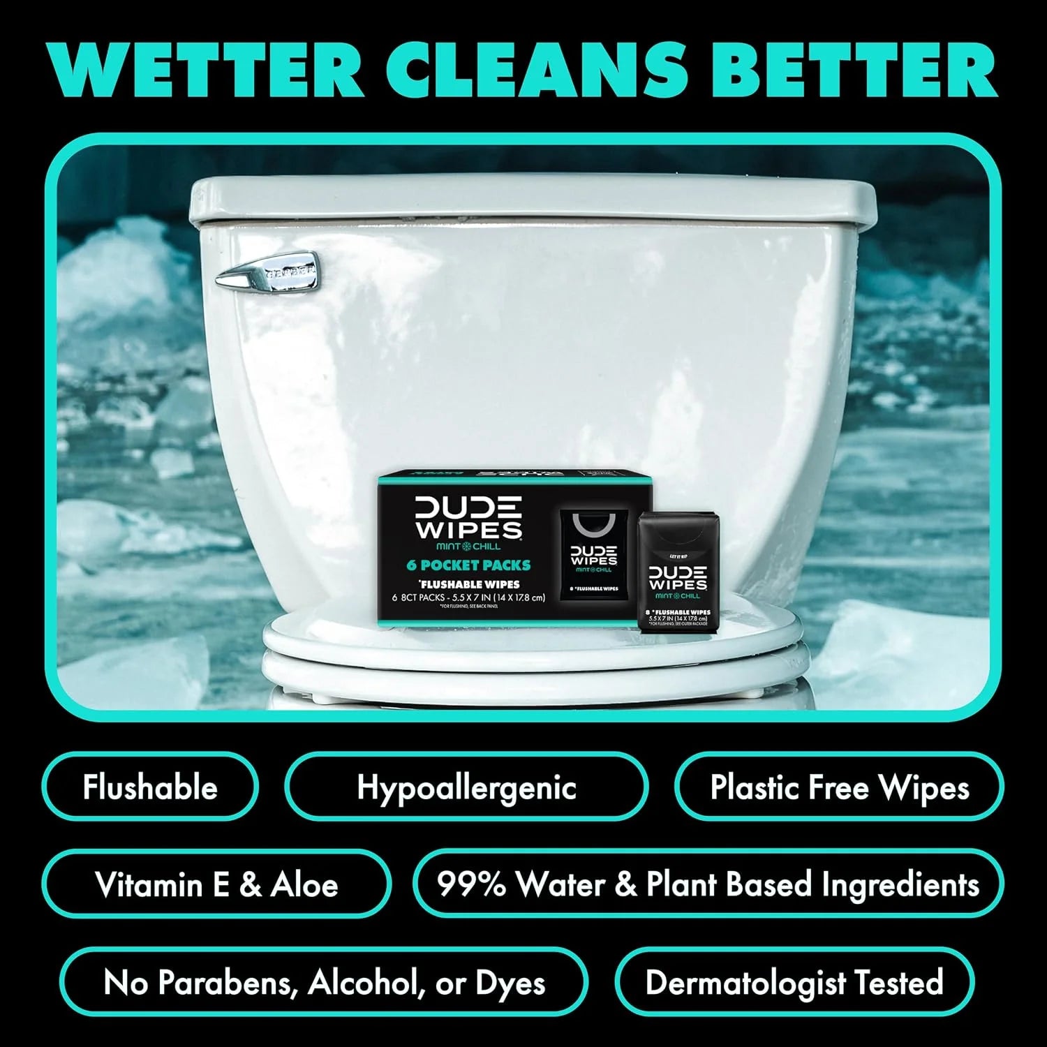 DUDE Wipes Mint Chill Pocket Packs, Adult Flushable Travel Wipes, 48 Count