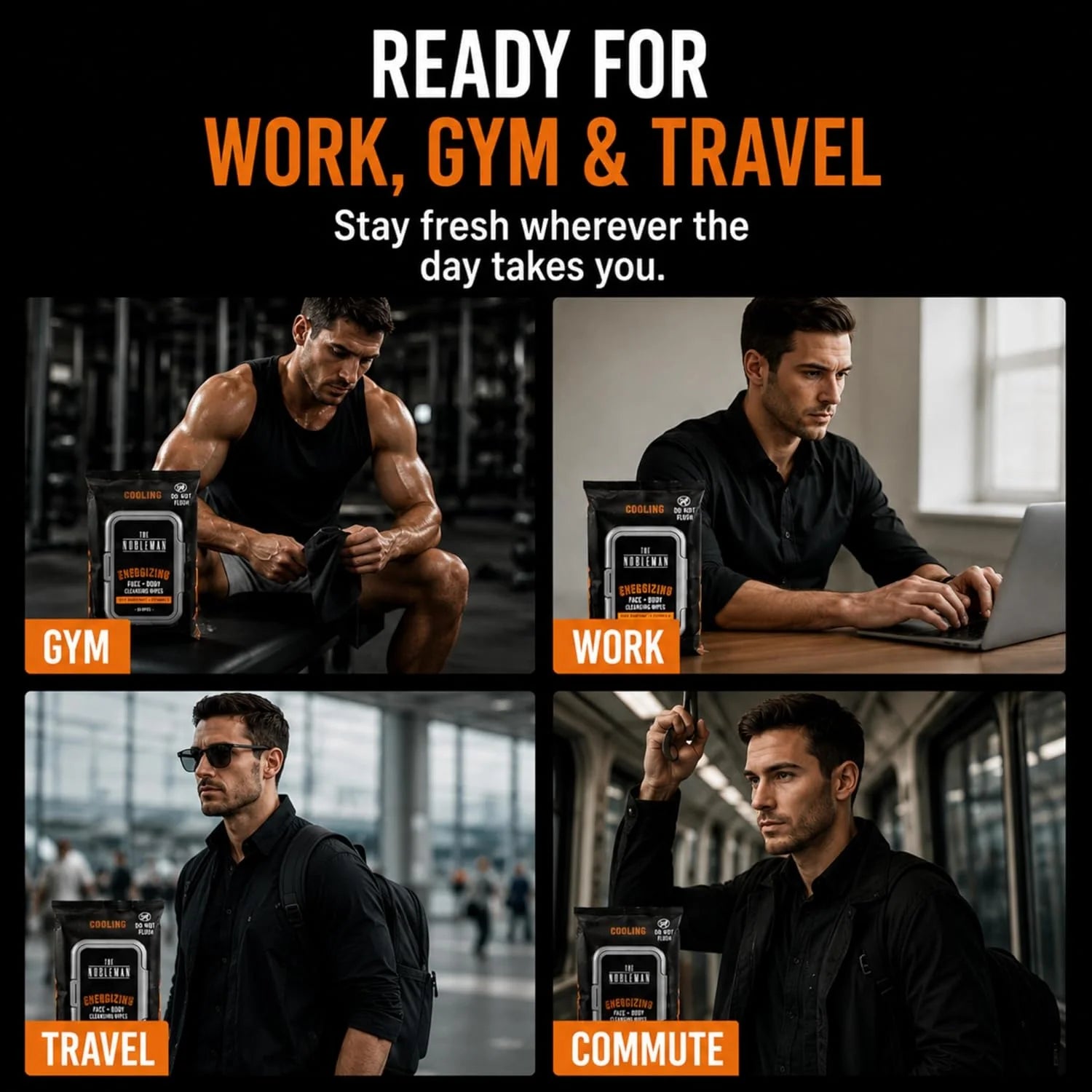 The Nobleman Energizing Face & Body Cleansing Wipes  C Cooling Grapefruit & Vitamin C Cleansing Cloths for Men, Post Workout Sweat Removal, Gym Travel Hygiene & Refreshing Skin Care, 60 Ct