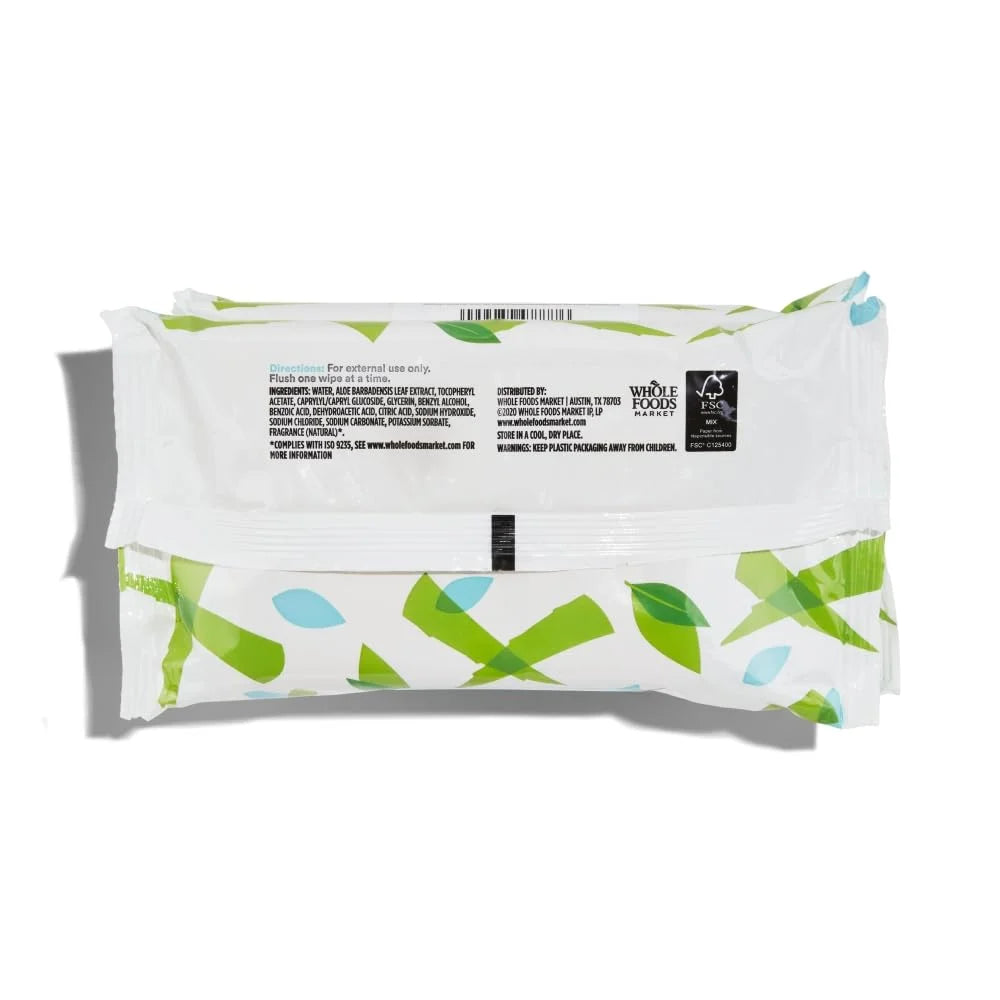 365 by Whole Foods Market, Plant-Based Flushable Wipes, Aloe & Green Tea Scent, 42 Count (Pack of 3)