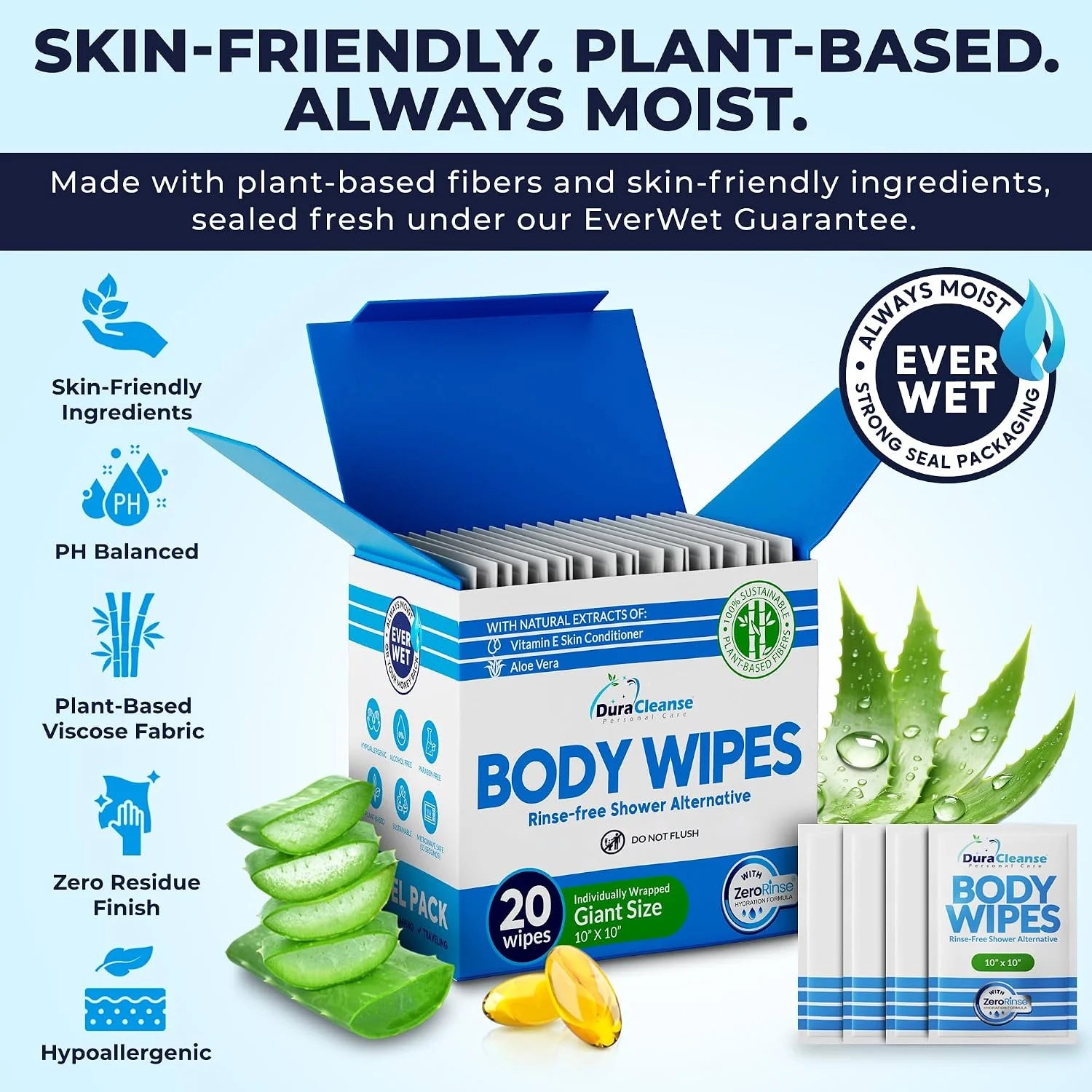 XL Travel Body Wipes - No Rinse Bath Wipes for Adults, Extra Moist - 20 Ct