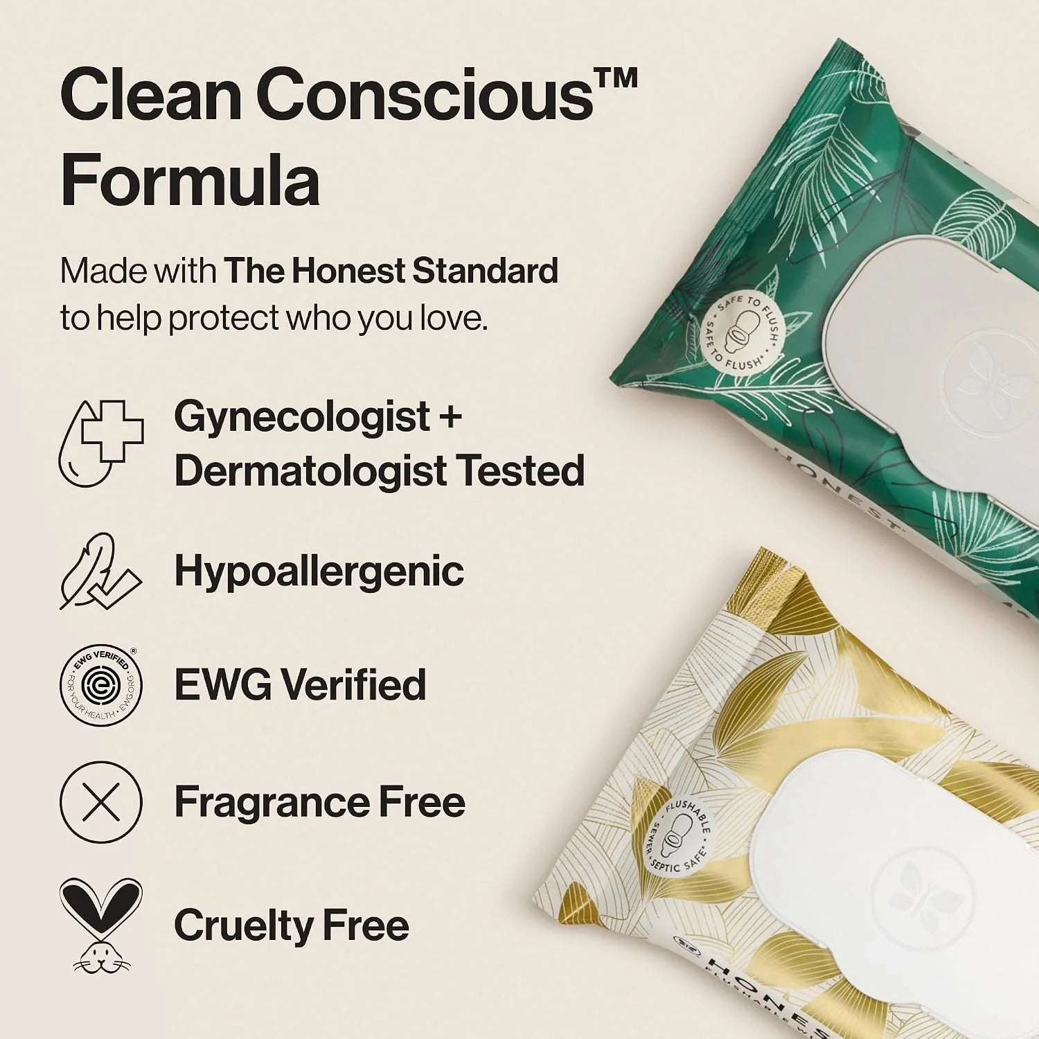 The Honest Company Hypoallergenic Flushable Wipes for Sensitive Skin, Tropical Leaves,42 Count (Pack of 16)