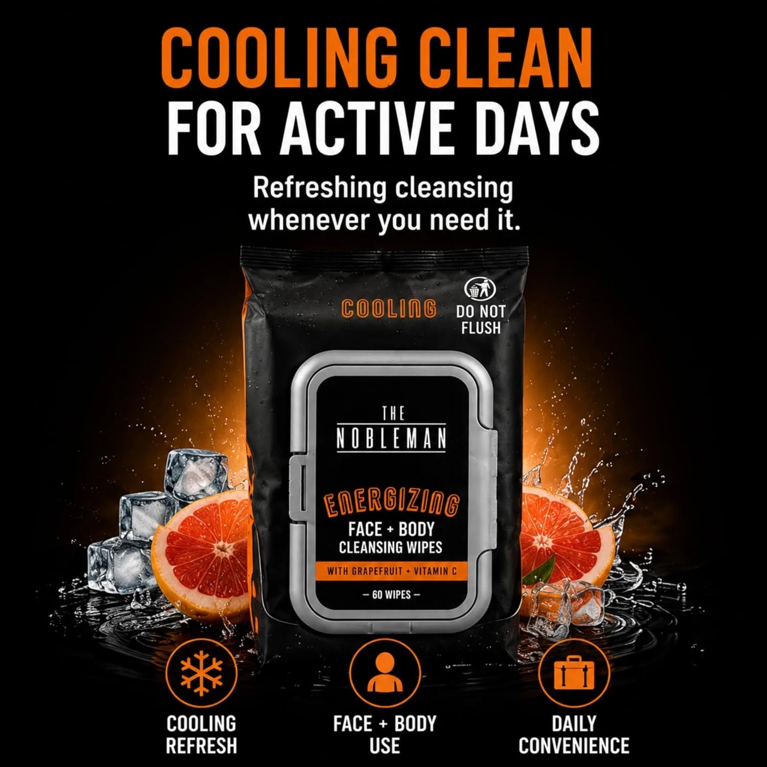 The Nobleman Energizing Face & Body Cleansing Wipes  C Cooling Grapefruit & Vitamin C Cleansing Cloths for Men, Post Workout Sweat Removal, Gym Travel Hygiene & Refreshing Skin Care, 60 Ct