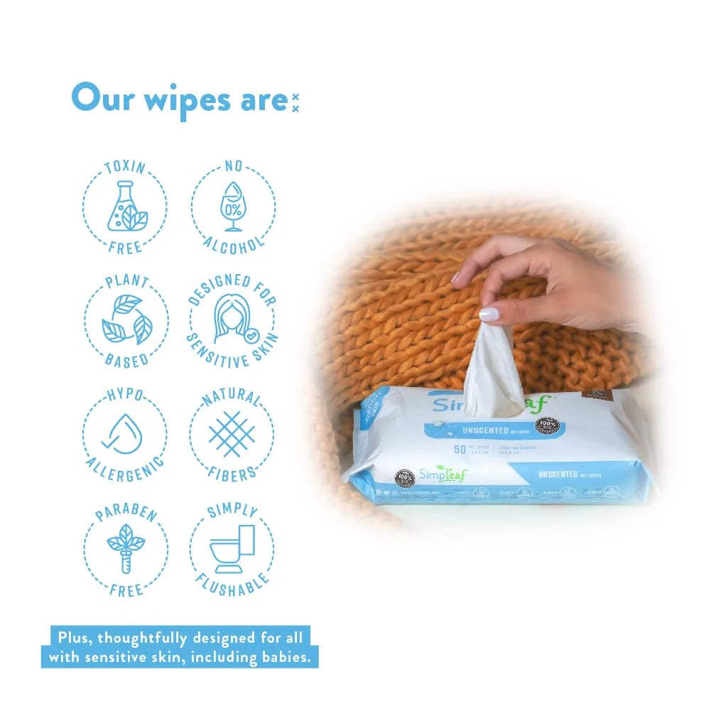 Simpleaf Flushable Wet Wipes | Eco- Friendly, Paraben & Alcohol Free | Hypoallergenic & Safe for Sensitive Skin | Unscented Soothing Aloe Vera Formula (50 Count) 2 pack