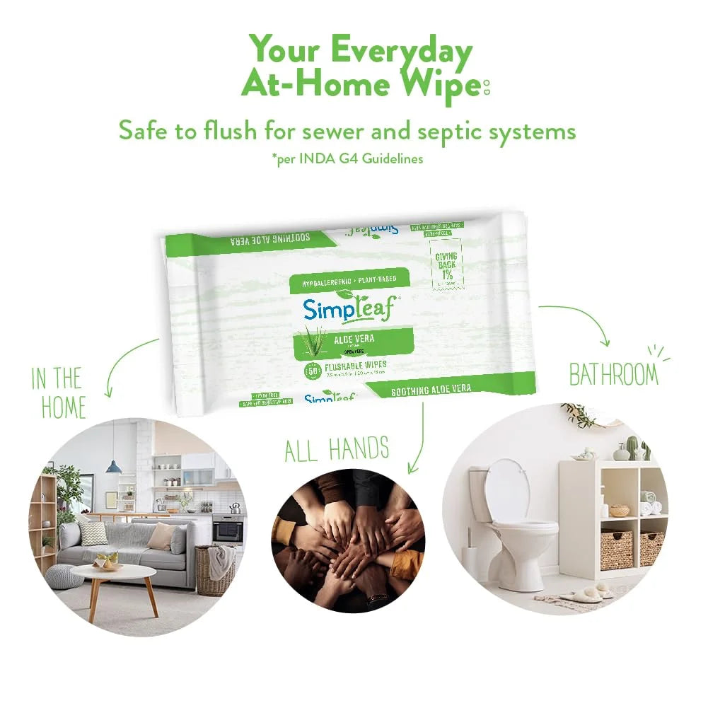 Simpleaf Flushable Wet Wipes | Eco- Friendly, Paraben & Alcohol Free | Hypoallergenic & Safe for Sensitive Skin | Soothing Aloe Vera & Vitamin E Formula | (50-Count) 1 Pack