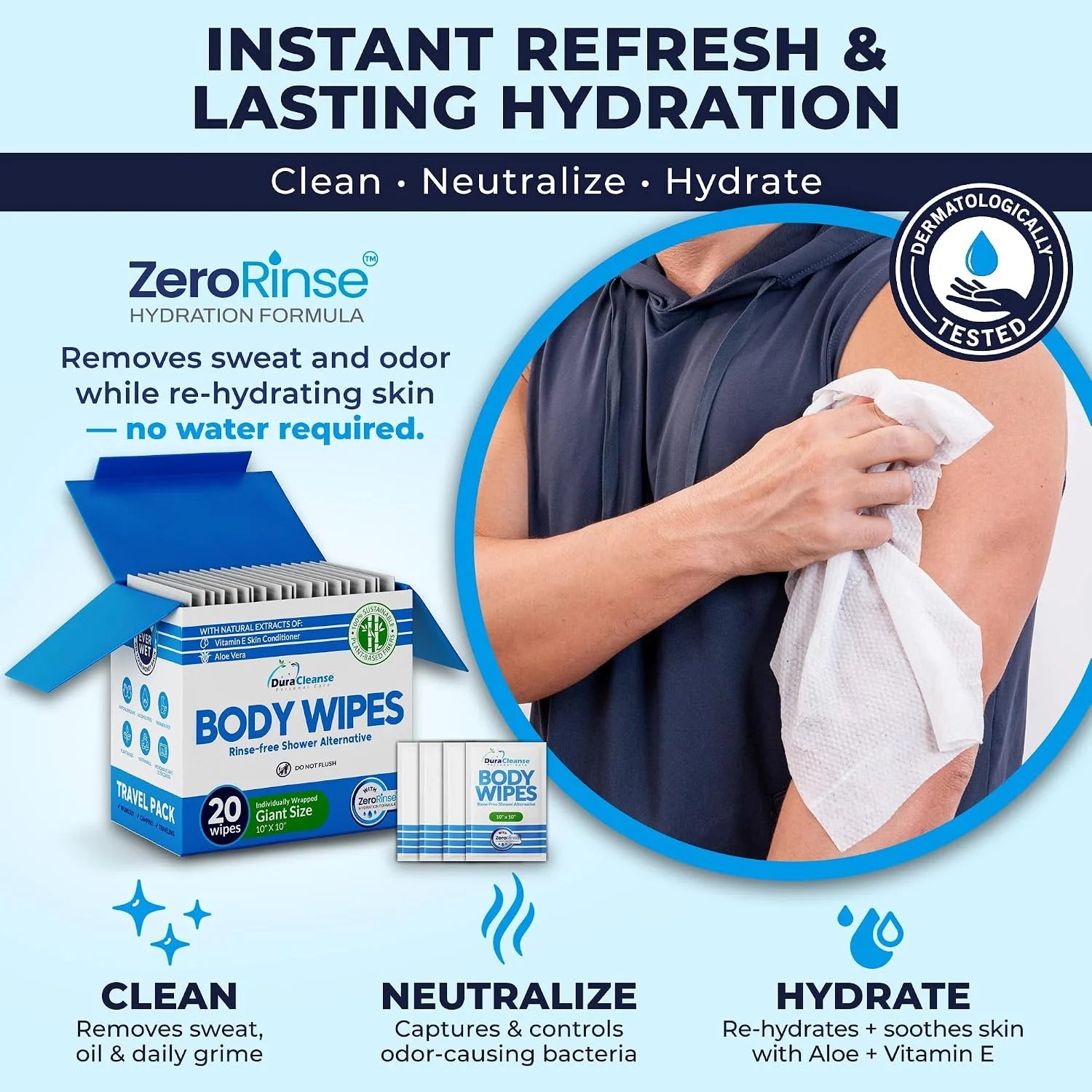 XL Travel Body Wipes - No Rinse Bath Wipes for Adults, Extra Moist - 20 Ct