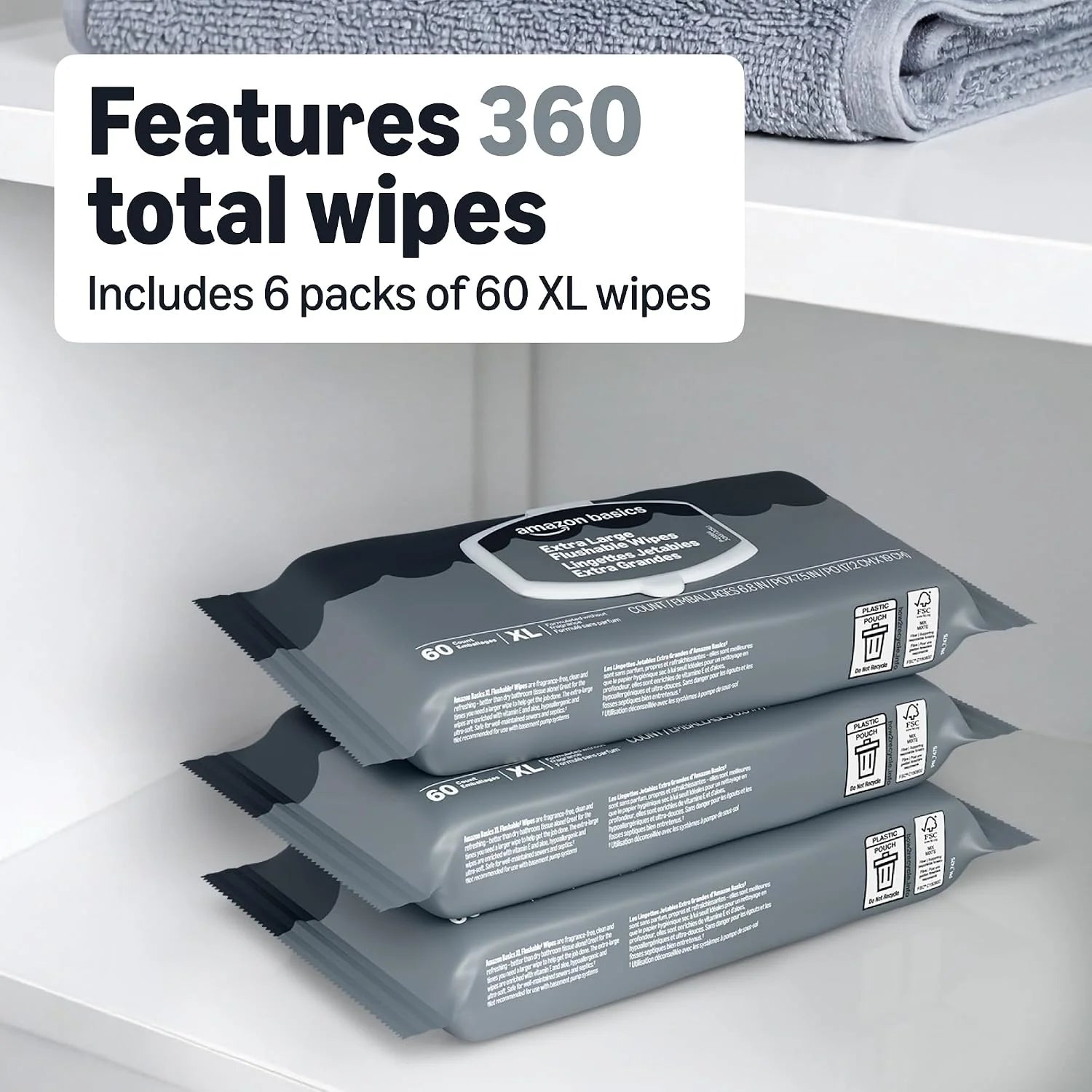 Amazon Basics Extra Large Flushable Wipes, 360 Wipes (6 Packs of 60), Adult Wet Wipes and Resealable Closure, Packaging May Vary