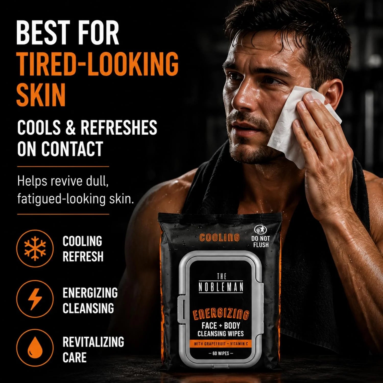The Nobleman Energizing Face & Body Cleansing Wipes  C Cooling Grapefruit & Vitamin C Cleansing Cloths for Men, Post Workout Sweat Removal, Gym Travel Hygiene & Refreshing Skin Care, 60 Ct