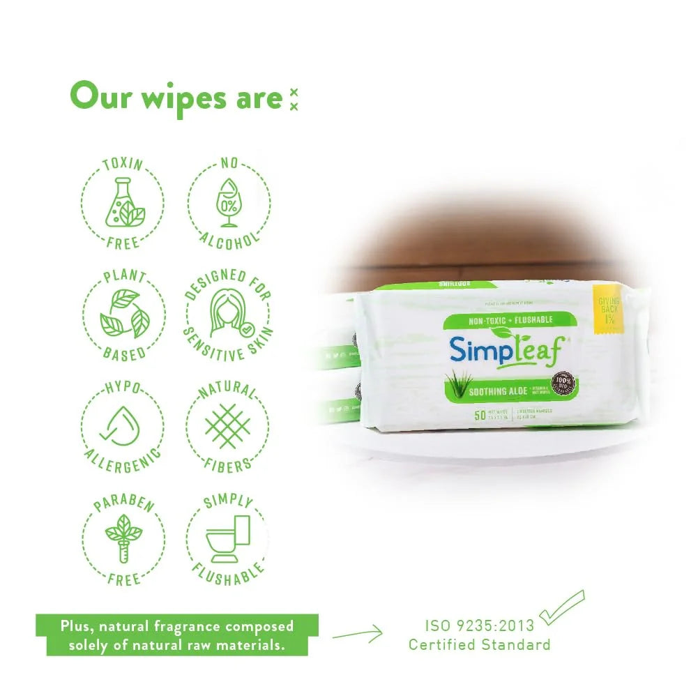 Simpleaf Flushable Wet Wipes | Eco- Friendly, Paraben & Alcohol Free | Hypoallergenic & Safe for Sensitive Skin | Soothing Aloe Vera & Vitamin E Formula | (50-Count) 1 Pack