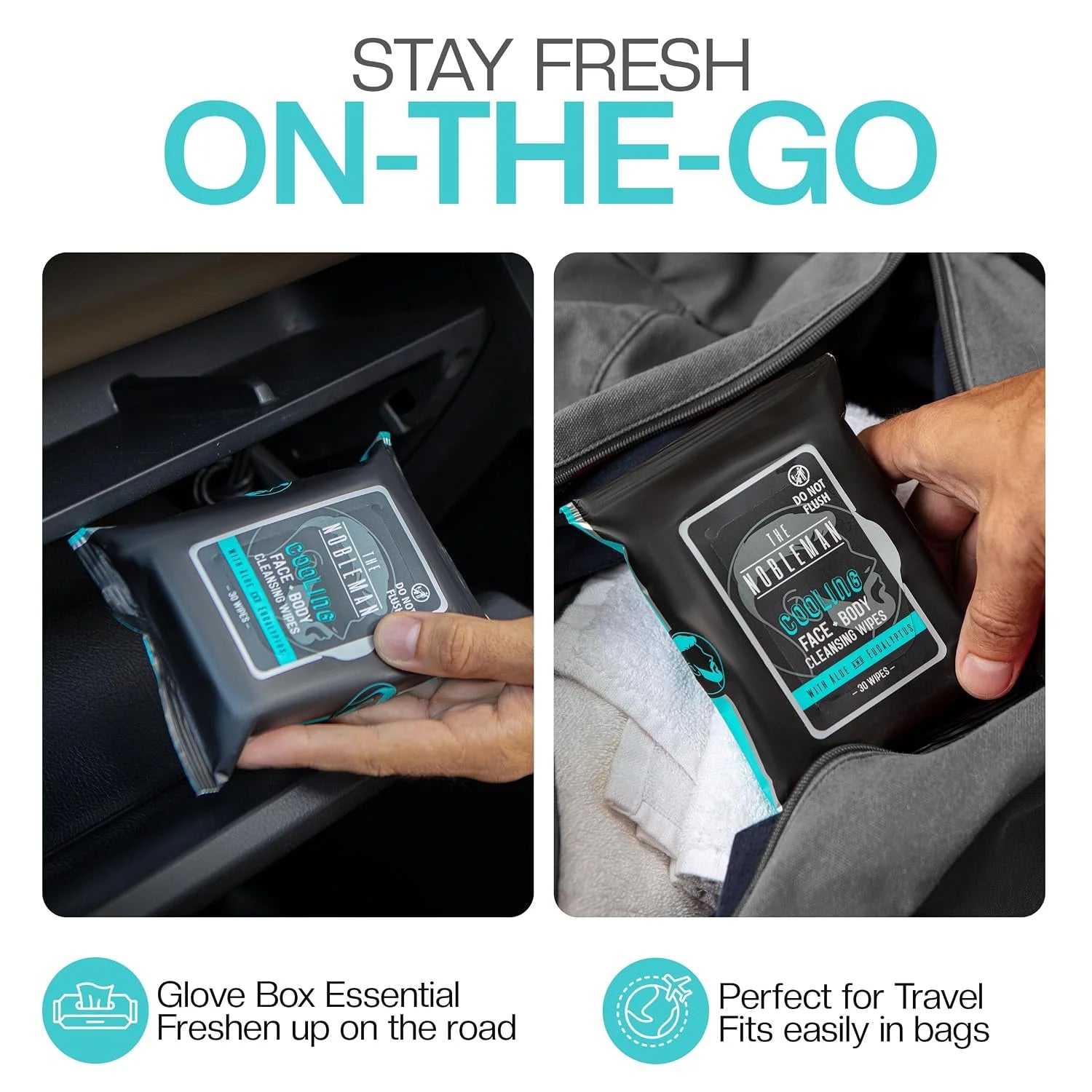 The Nobleman Mens Cooling Face & Body Cleansing Wipes  C Aloe & Eucalyptus No Rinse Cleansing Cloths for Gym, Travel, Sweat Removal, Post Workout Freshness, Active On-The-Go Hygiene & Camping  C 30 Ct