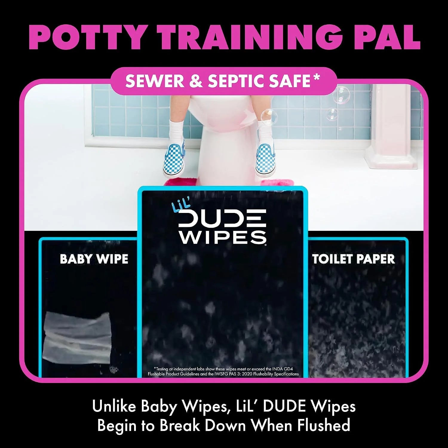 LiL' DUDE Wipes Flushable Potty Training Water Wipes, Bubble Bum, 84 Count