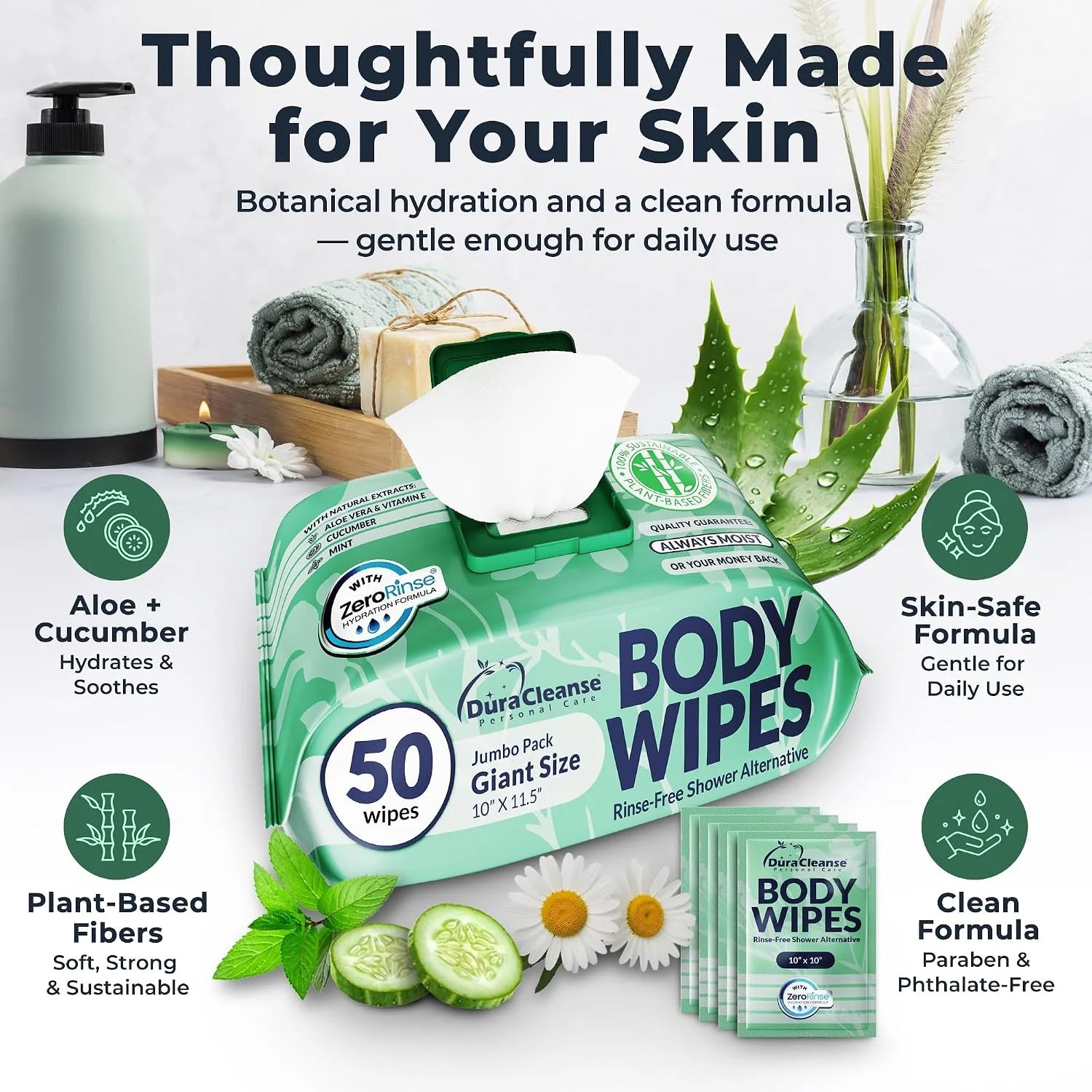 Bulk Body Wipes for Women - Gentle - No Rinse XL Cleansing Wipes - 200 Ct