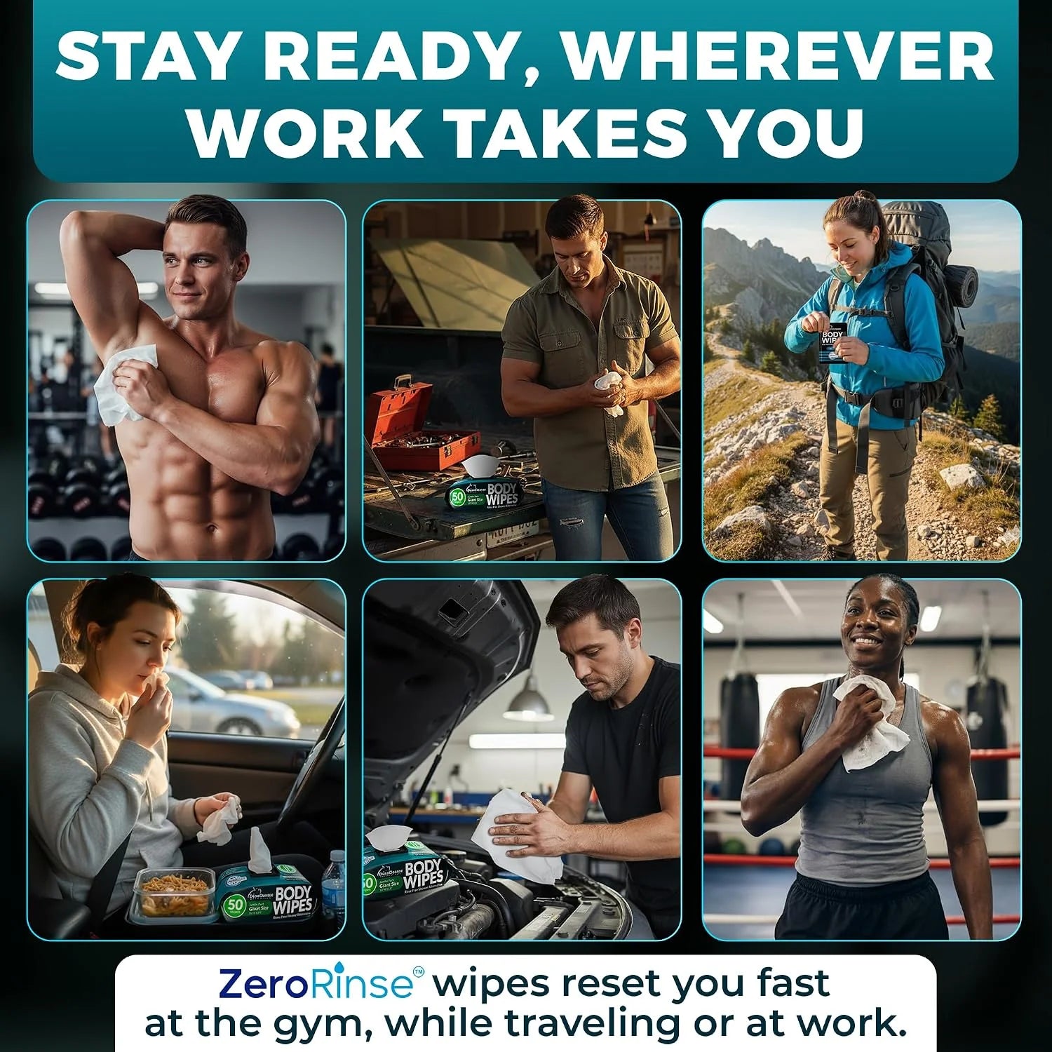 Travel Body Wipes Individually Wrapped for Men - No Rinse Gym Wipes - 20 Ct